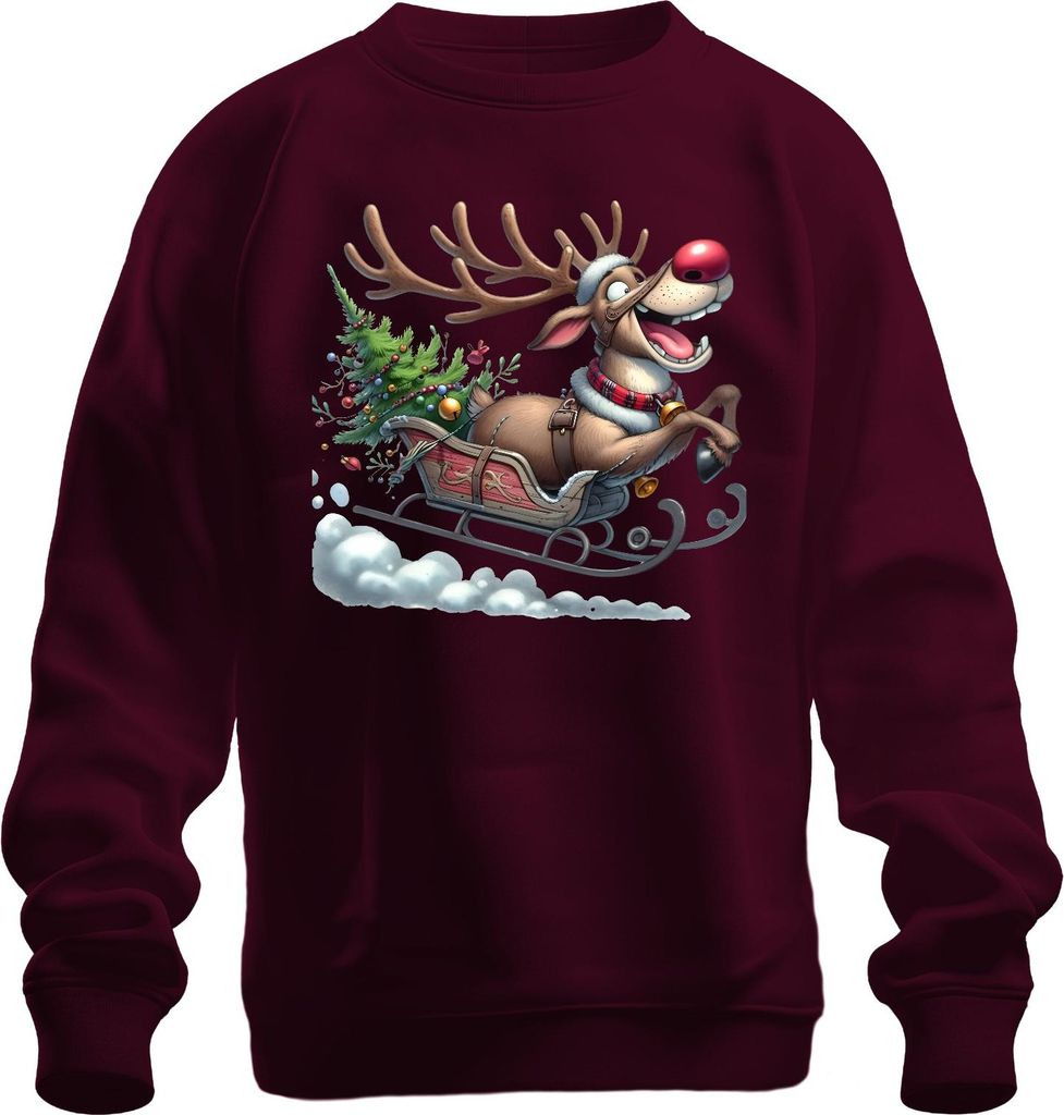 Rudolph Rentier Schlitten Weihnachtsbaum Glöckchen Cartoon Lustig Uni Sweatshirt Pullover, Burgundy, XL
