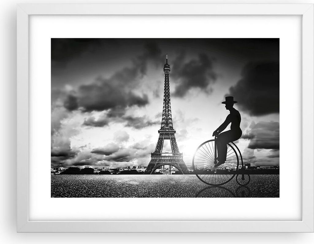 Gerahmtes Poster - Weißer Rahmen - Paris Gentleman Fahrrad - 40x30 cm - Wand Bild - Wanddeko - Wandbilder - Kunstposter - Wandposter - Bilderrahme...
