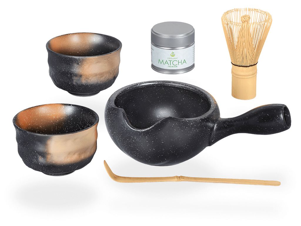 Matcha Set / Matchaset für zwei, Anschlagschale 450ml mit 2 Trinkschalen anthrazit und Besen/Löffel/Tee, handbemalt