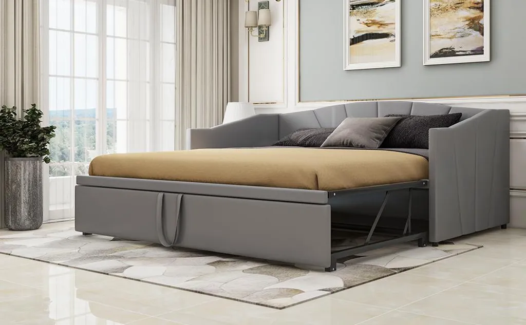 Lit gigogne modulable 90/180x200 cm gris avec sommier à lattes inclus
