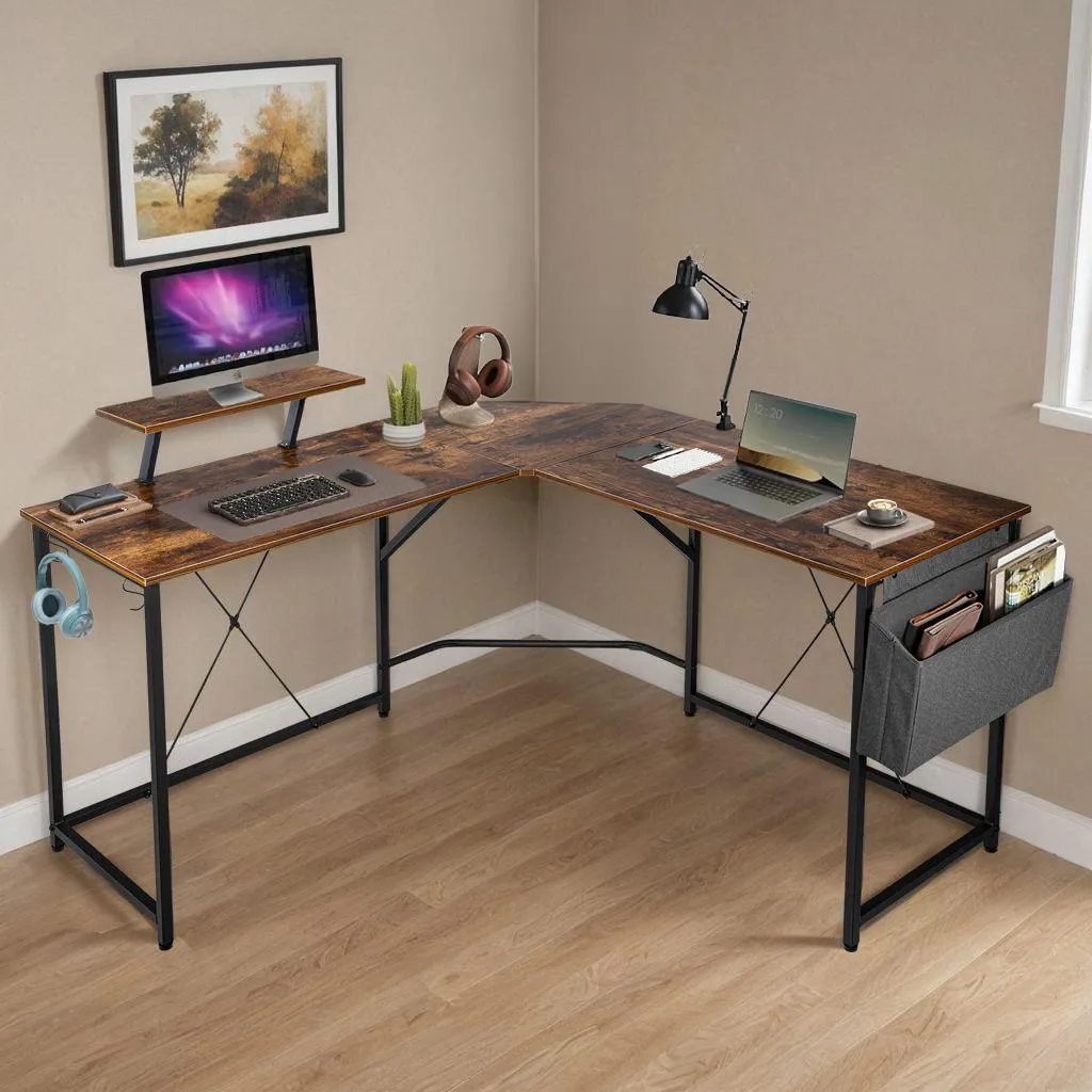 Bureau d'angle AMORA RUSTIC avec rallonge pour télétravail et gaming