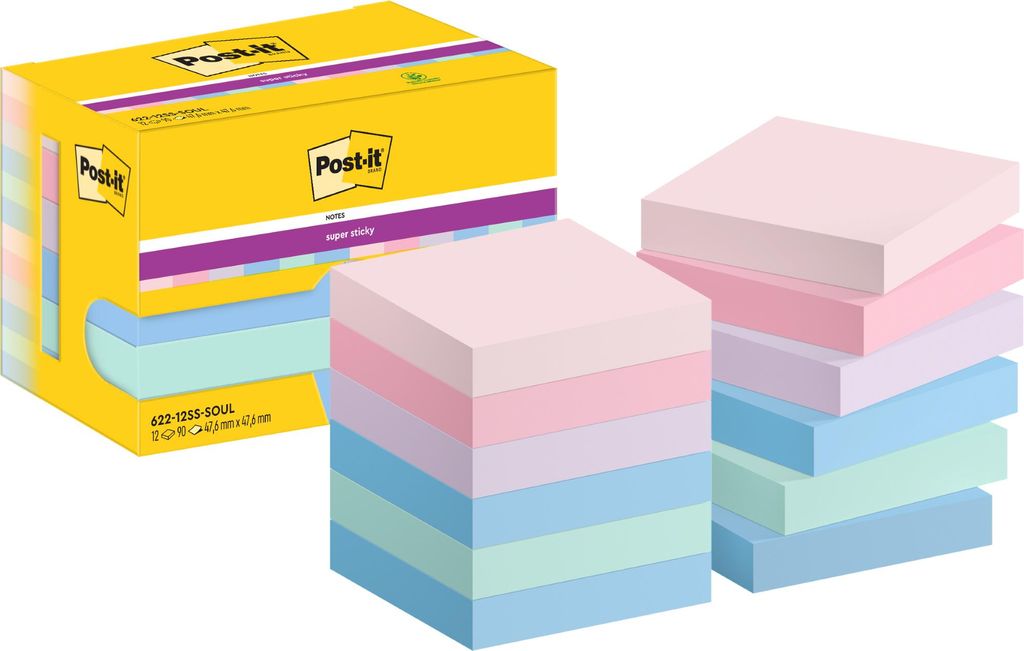 Samolepiaci bloček Post-it Super Sticky SOULFUL, veľkosť 47.6x47.6 mm, 12 bločkov po 90 lístkov