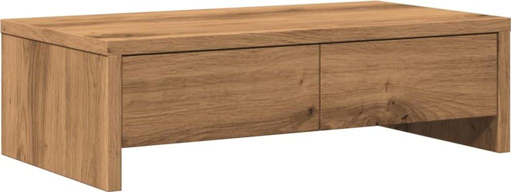 A wooden monitor stand with two drawers is shown against a white background.