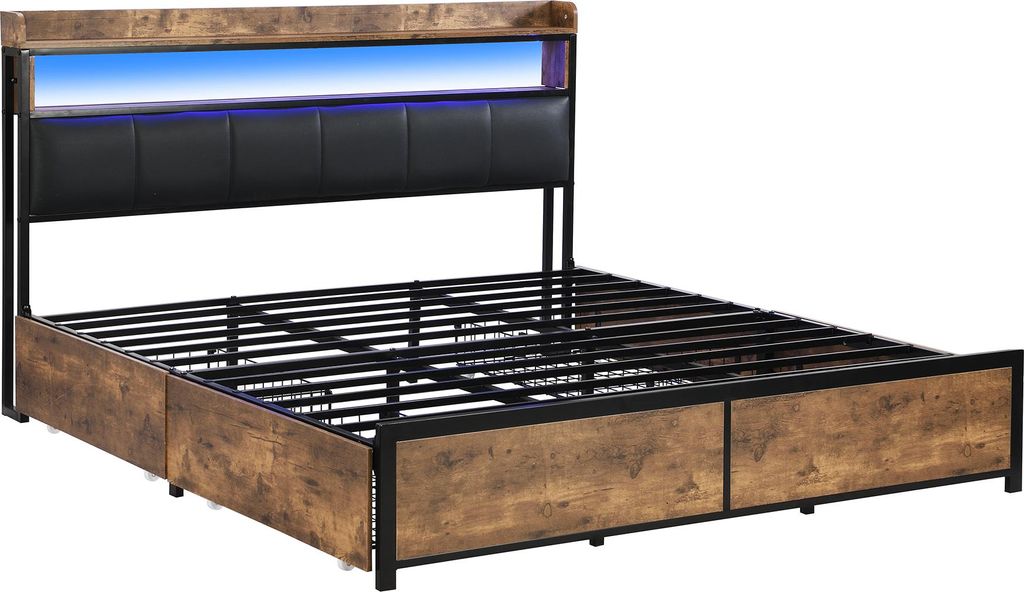 okwish Polsterbett 180×200 mit Lattenrost und Kopfteil,Jugendbett mit LED und 4 Schubladen,Stauraumbett Einfache Montage,PU,ohne Matratze,schwarz