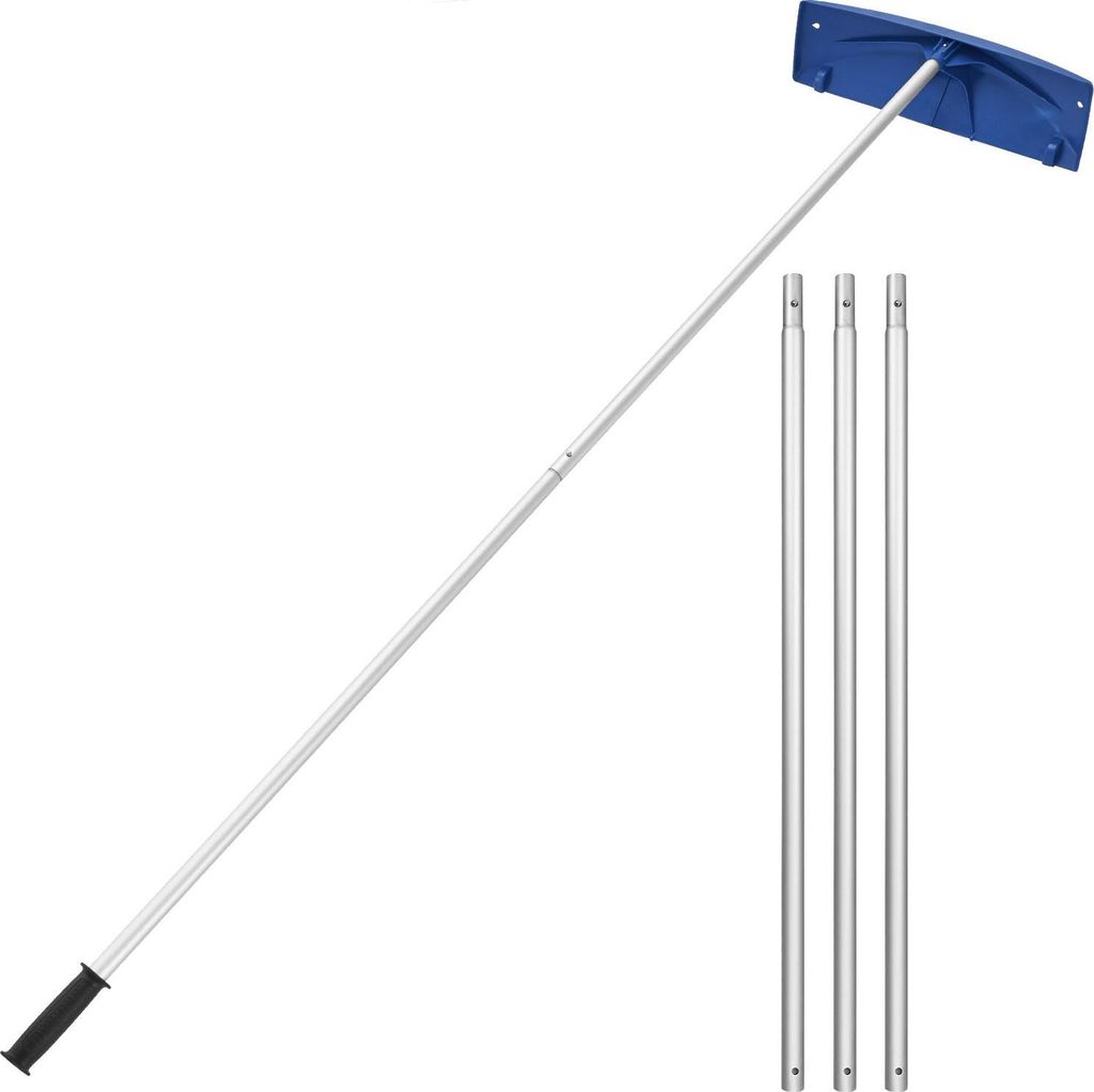 A snow rake with an extendable handle and three additional poles, all against a white background.