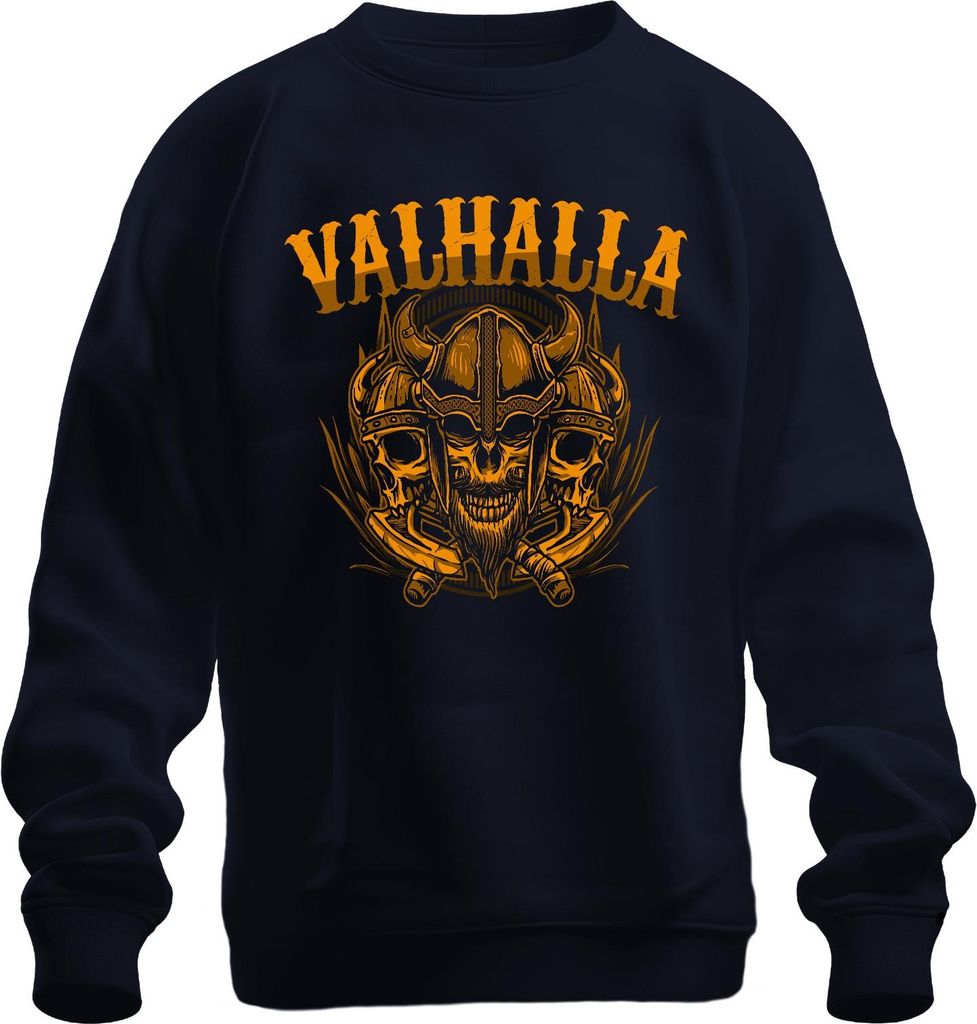 Valhalla Wikinger Totenkopf Helm Äxte Nordisch Mythologie Runen Uni Sweatshirt Pullover, Navy, 3XL