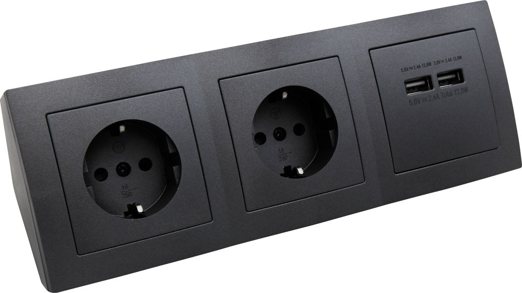 Steckdosenblock McPower ''Flair'' anthrazit, 2-fach Schutzkontakt + 2x USB