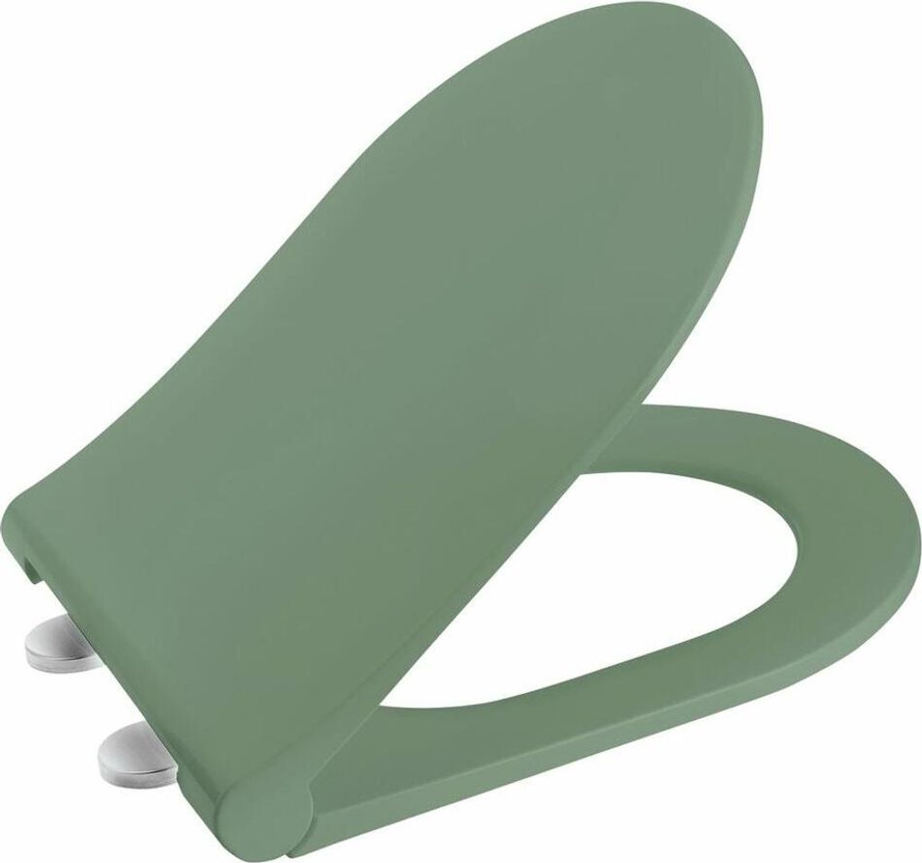 A green toilet seat with a soft-close mechanism, shown from a slightly elevated diagonal angle.