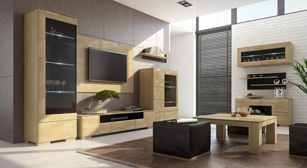 Wohnzimmer-Einrichtung Wohnzimmer Komplett - Set J Lipik, 12-teilig, teilmassiv, Farbe: Eiche / Schwarz