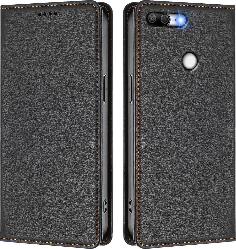 Handyhülle für Honor 9 Lite, Kunstleder Klapphülle Stoßfeste Magnetische Hülle mit Ständer Schwarz