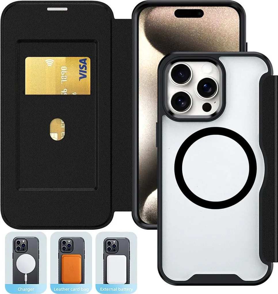 INF Custodia a Portafoglio Magnetica Nera per iPhone 17 Pro - Porta Carte in Finto cuoio Antiurto