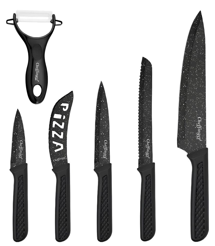 Cheffinger, 6er Messer Set mit Schäler und Pizzaschneider antihaft, Schwarz