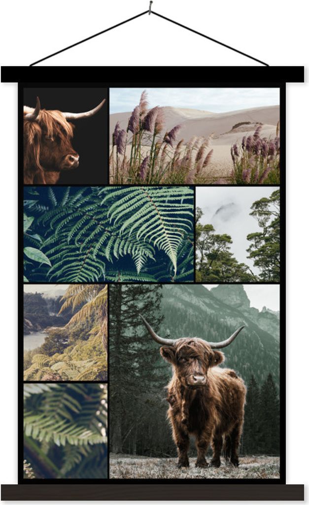 MuchoWow Textilposter Schottische Hochlandrind - Collage - Pflanzen - Natur 120x180 cm mit schwarzem Rahmen - Fotos