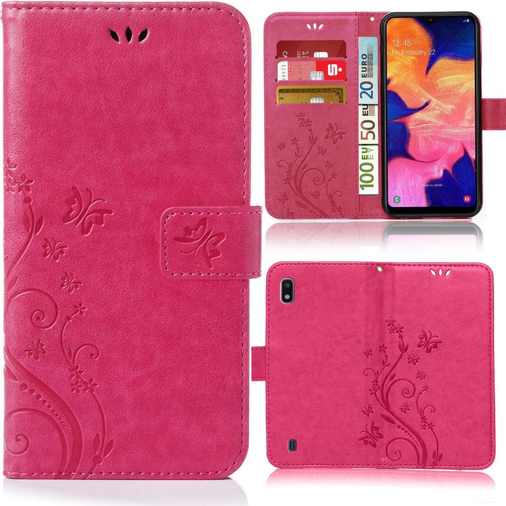 A collage of images showing a pink bookstyle phone case with a floral design, including a view of the case open with a phone and cards inside, and a view of the back of the case.