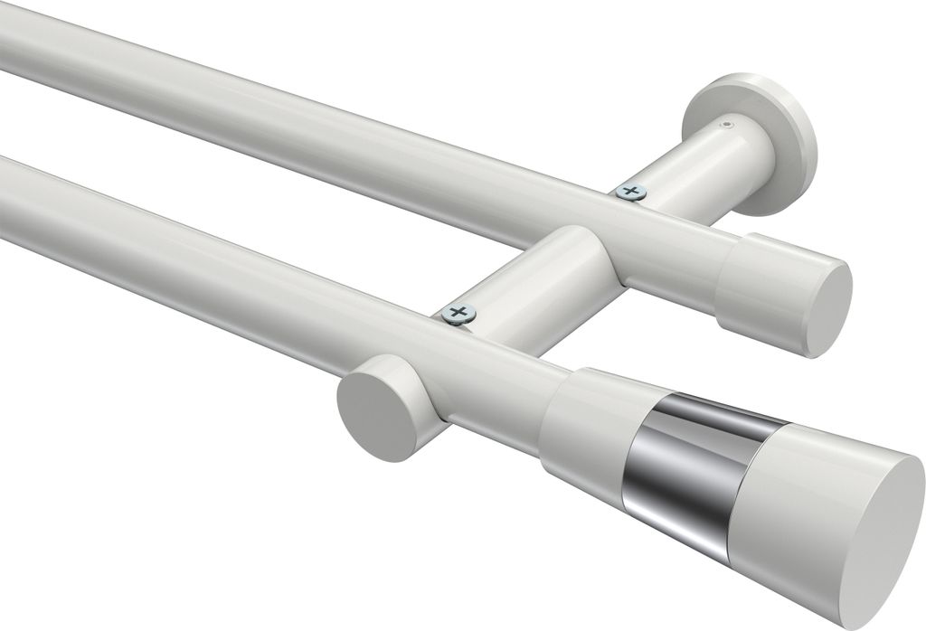 Interdeco Gardinenstange / Vorhangstange Weiß, Typ Platon Tanara (Konus Bicolor) ohne Ringe, 20 mm Ø 2-läufig, 120 cm