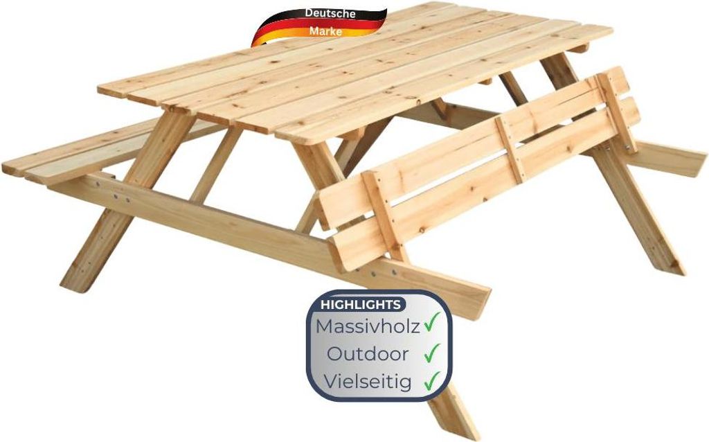 Outdoor Picknicktisch KLEIS - 140cm, Massives Tannenholz, Faltbare Sitze | Picknickbank Sitzgruppe Aussen Bank Sitzbank Gartenbank