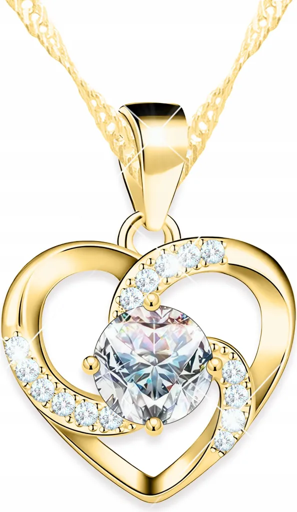 Collana d'oro con cuore bianco e spirale, decorata con cristalli, ARGENTO 925