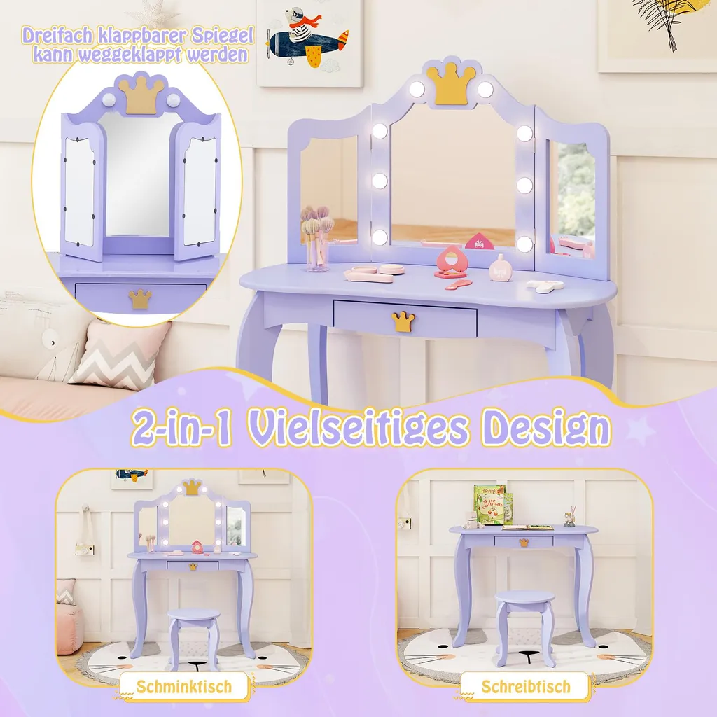 Table de Maquillage Enfant Violette avec Éclairage et Petit Tabouret - 4