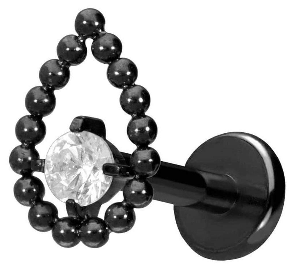 Ohrpiercing, Nasenpiercing Titan Labret mit Push Fit TROPFEN + KRISTALL Schwarz Stablänge: 10mm | Stabstärke: 1,2mm