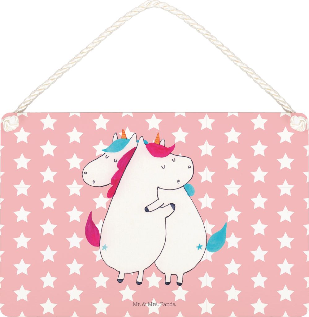 Mr. & Mrs. Panda Holzschild Einhörner Umarmen DIN A5 - Rot Pastell - Geschenk, Familie, wandhänger, Einhorn, Schild, wandtafel, Wandbild Holz, Fr...