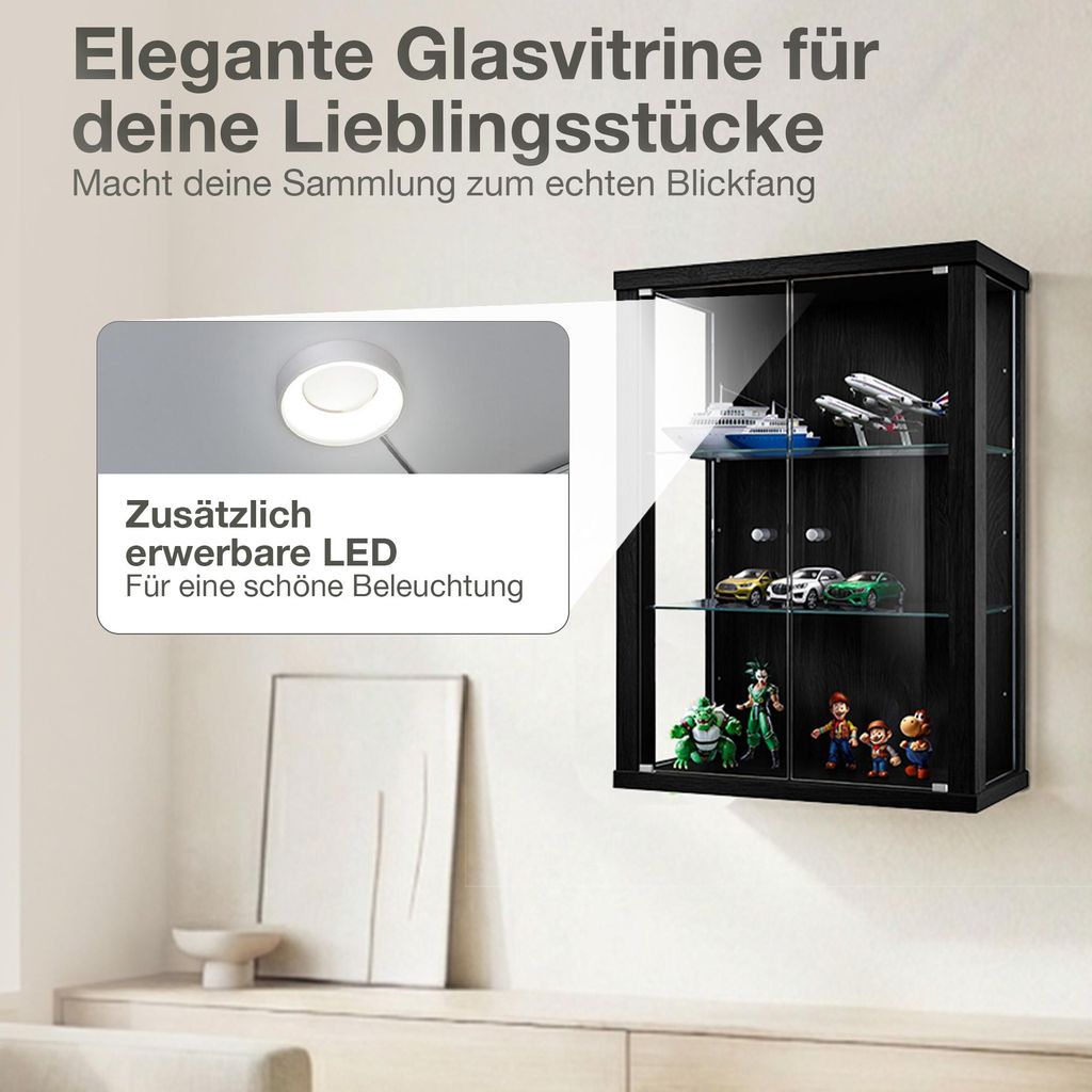 K-Möbel Hängevitrine Glas in Schwarz (80x60x25 cm) mit 2
