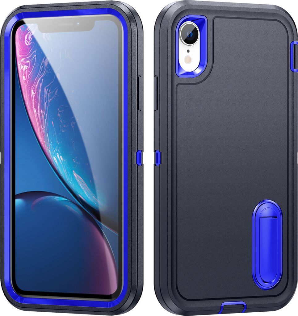 Hülle für iPhone XR Hybrid Dreilagige Robust Stoßfest Schwerlast Schutzhülle mit Ständer Dunkelblau
