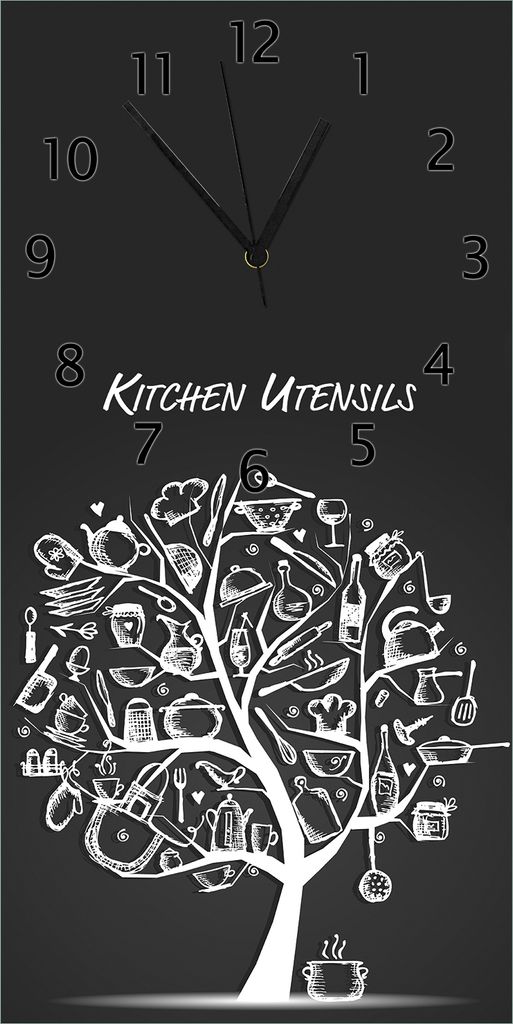 Wallario Design Wanduhr bedruckt, Größe 30 x 60 cm, Motiv: Kitchen Utensils - Baum aus Küchenutensilien in schwarz weiß