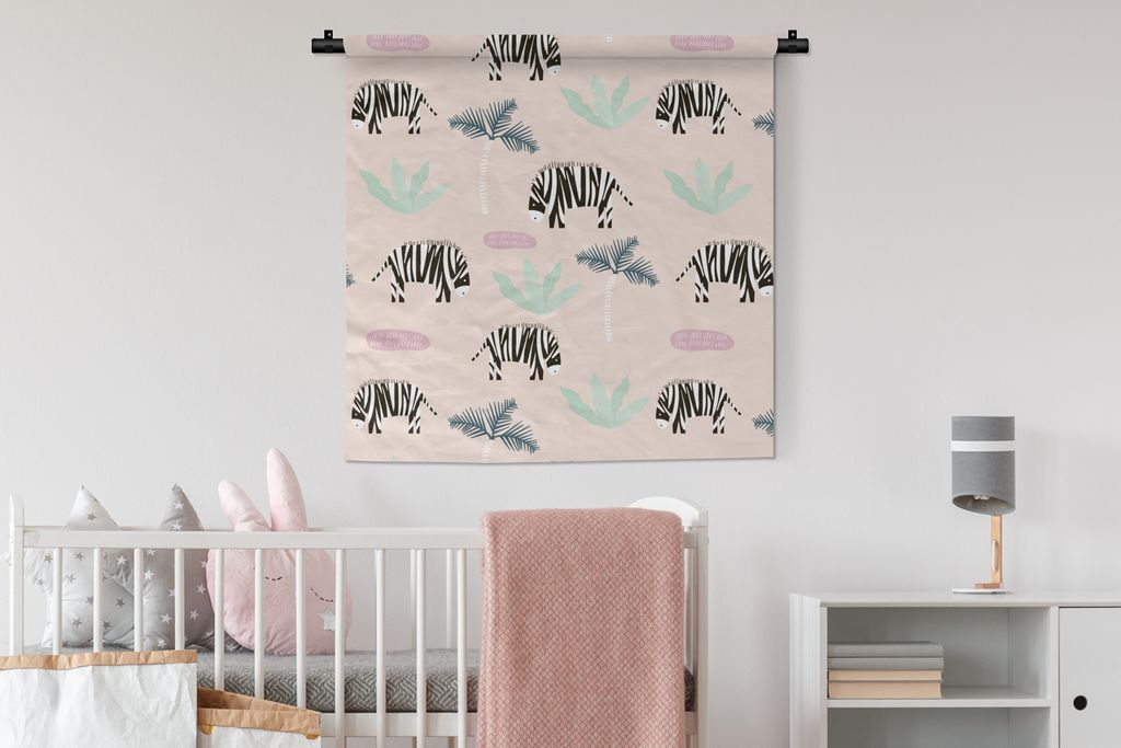 MuchoWow Wandteppich Wandbehang Zebra - Palme - Pastell - Muster 90x90 cm Tapisserie Dekoration Wandtuch - Wandaufhänger