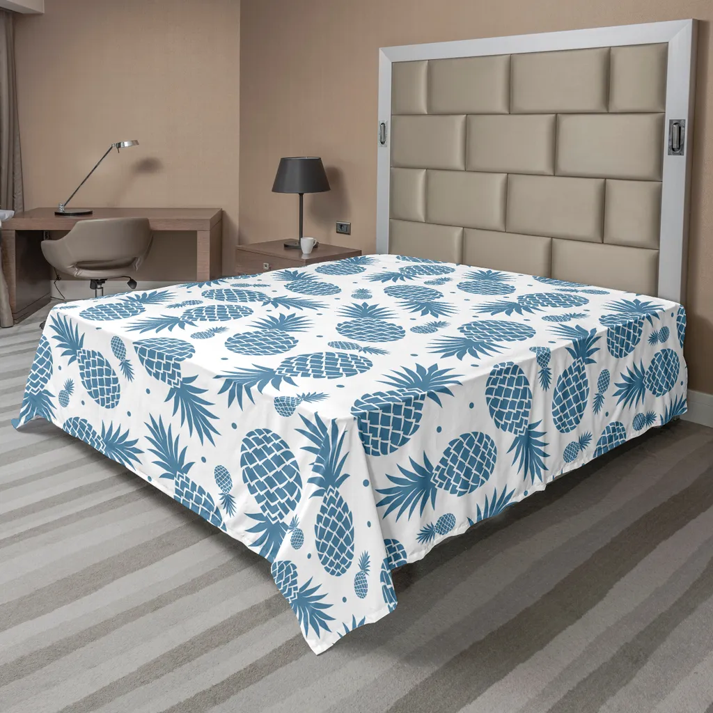 ABAKUHAUS Drap de lit Ananas Bleu et Blanc en Tissu Doux 244 x 205 cm