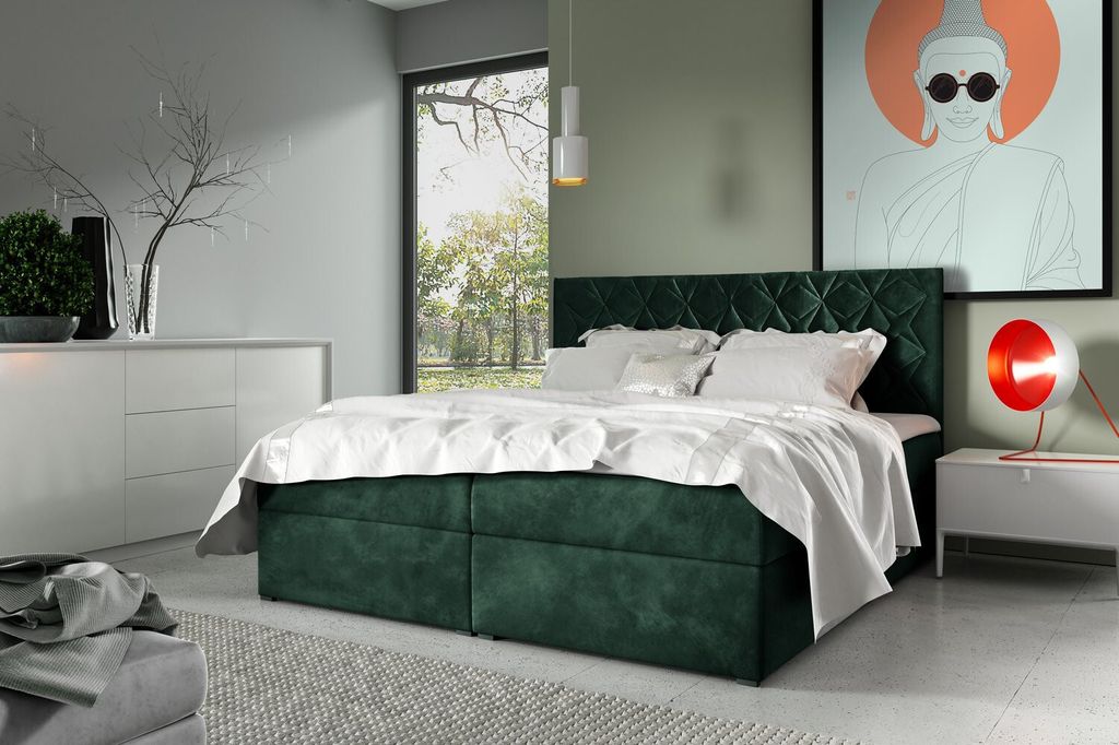 Boxspring Bett mit gestepptem Kopfteil EUGENA – 200x200, grün + ER Topper