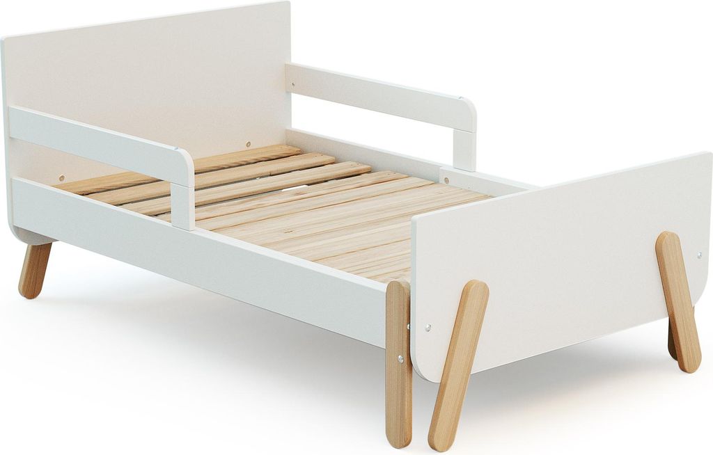 WEBABY - Ausziehbares Kinderbett aus Holz 80x140-165-190 PIRATE - Weiß, Umbaubett, 3 Längen umbaubar, Lattenrost, Absturzsicherung, kompakt