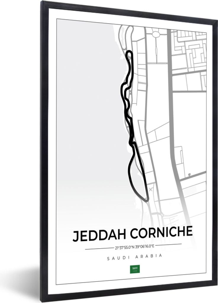 MuchoWow Gerahmtes Poster Rennstrecke - Sport - Saudi-Arabien - Formel 1 - Jeddah Corniche Circuit - Weiß 60x90 cm - Poster mit Schwarzem Bilder...