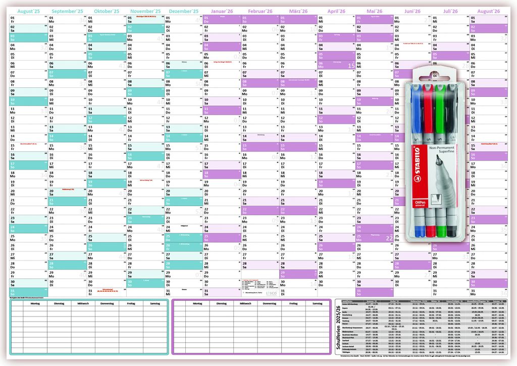 Schuljahreskalender 2025/2026 DIN B1 (700 x 1000mm) nass abwischbar matt inkl. Stifteset - gerollt - August 2025 bis August 2026, 13 Monate - Wandk...