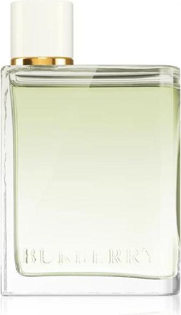 A perfume bottle with a white cap and gold accent.