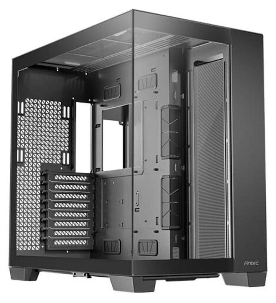 A black full tower PC case with a glass side panel.