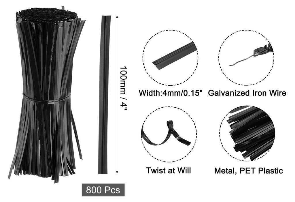 800 Stš¹ck 4" Twistbinder Metallik Twist Ties Verdrehte Kabelbinder Wiederverwendbar Plastik Beschichtet Verdrehte fš¹r B?ckerei Schwarz
