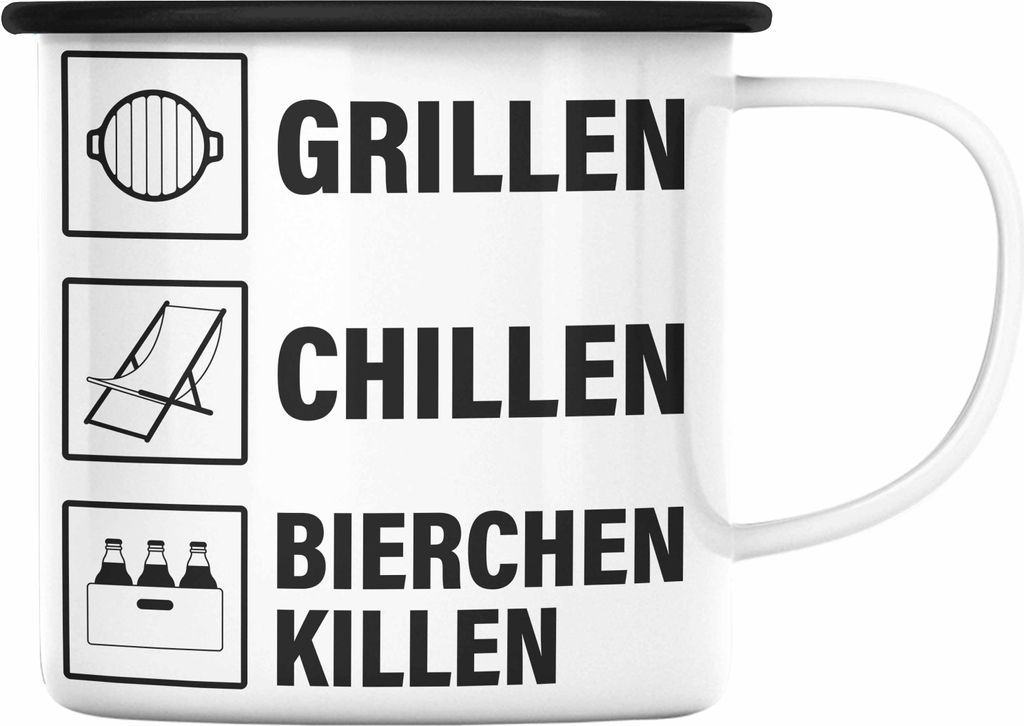 Trendation - Grill Emaille Tasse Geschenk Männer Steak Liebhaber Grillen Geschenkidee Vater BBQ (Schwarz)