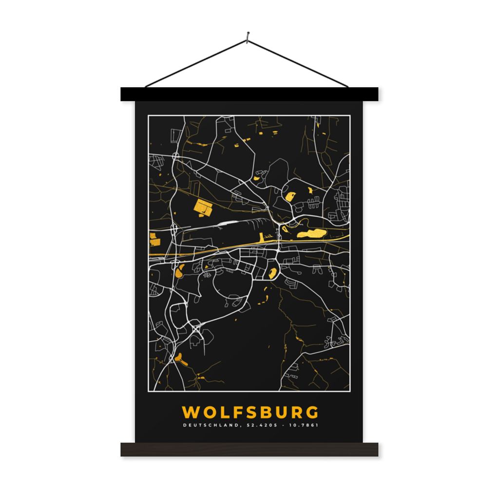 MuchoWow Textilposter Schwarz und Gold - Stadtplan - Wolfsburg - Deutschland - Karte 60x90 cm mit schwarzem Rahmen - Poster Wohnzimmer