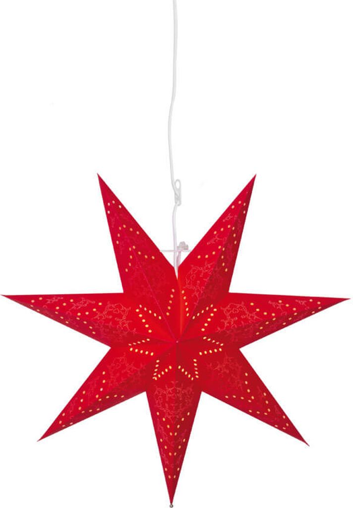 A red star-shaped lantern hanging from a white cord against a white background.