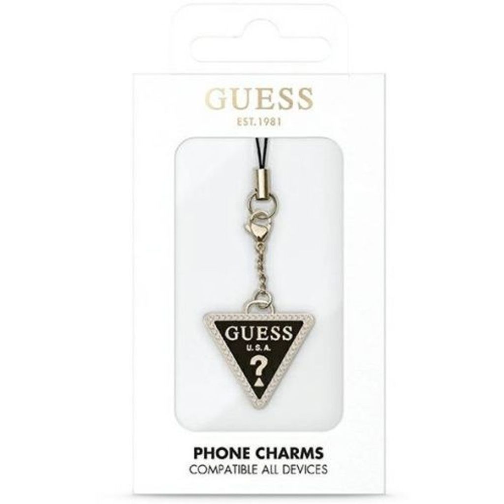 A Guess phone charm in its packaging.