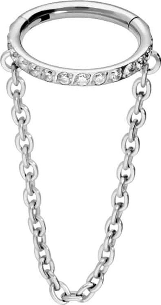 Ohrpiercing, Nasenpiercing, Septum Piercing Titan Segmentring Clicker EINGEFASSTE KRISTALLE + KETTE Silber Innendurchmesser: 12 mm