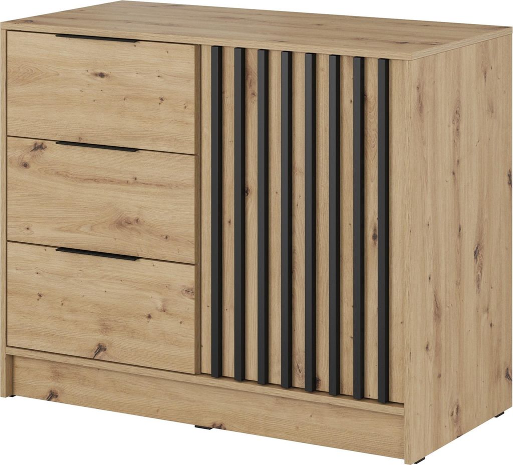 Masseno Kommode NELIANA 105 cm Sideboard mit 3 Schubladen und 1 Türen für Wohnzimmer Schlafzimmer Modern 105x45x86 cm Eiche Artisan / Eiche Artisan
