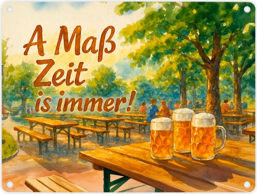 A Maß Zeit is immer! Biergarten Szene Metallschild in 15x20 cm