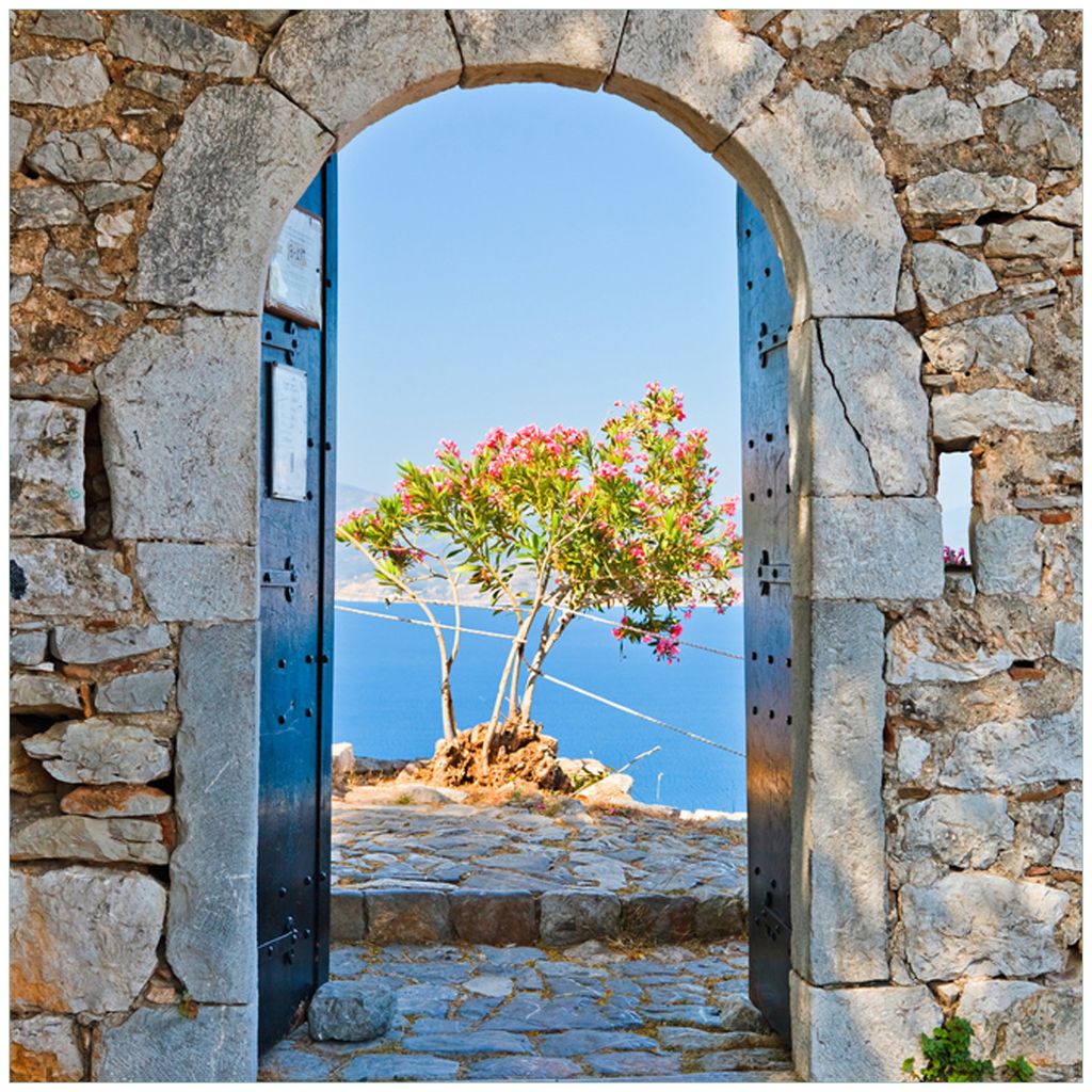 Wallario Wandbild aus Acryl, 50 x 50 cm, freischwebende Optik - Torbogen Toskana