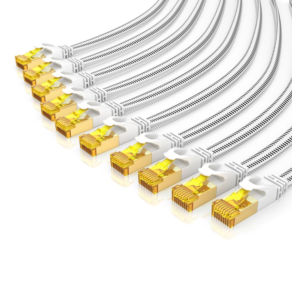 Primewire 10x LAN-Kabel, CAT.7, RJ-45 (Ethernet) (25 cm), Patchkabel flach CAT 7, Baumwollmantel Flachband Netzwerkkabel - 0,25m