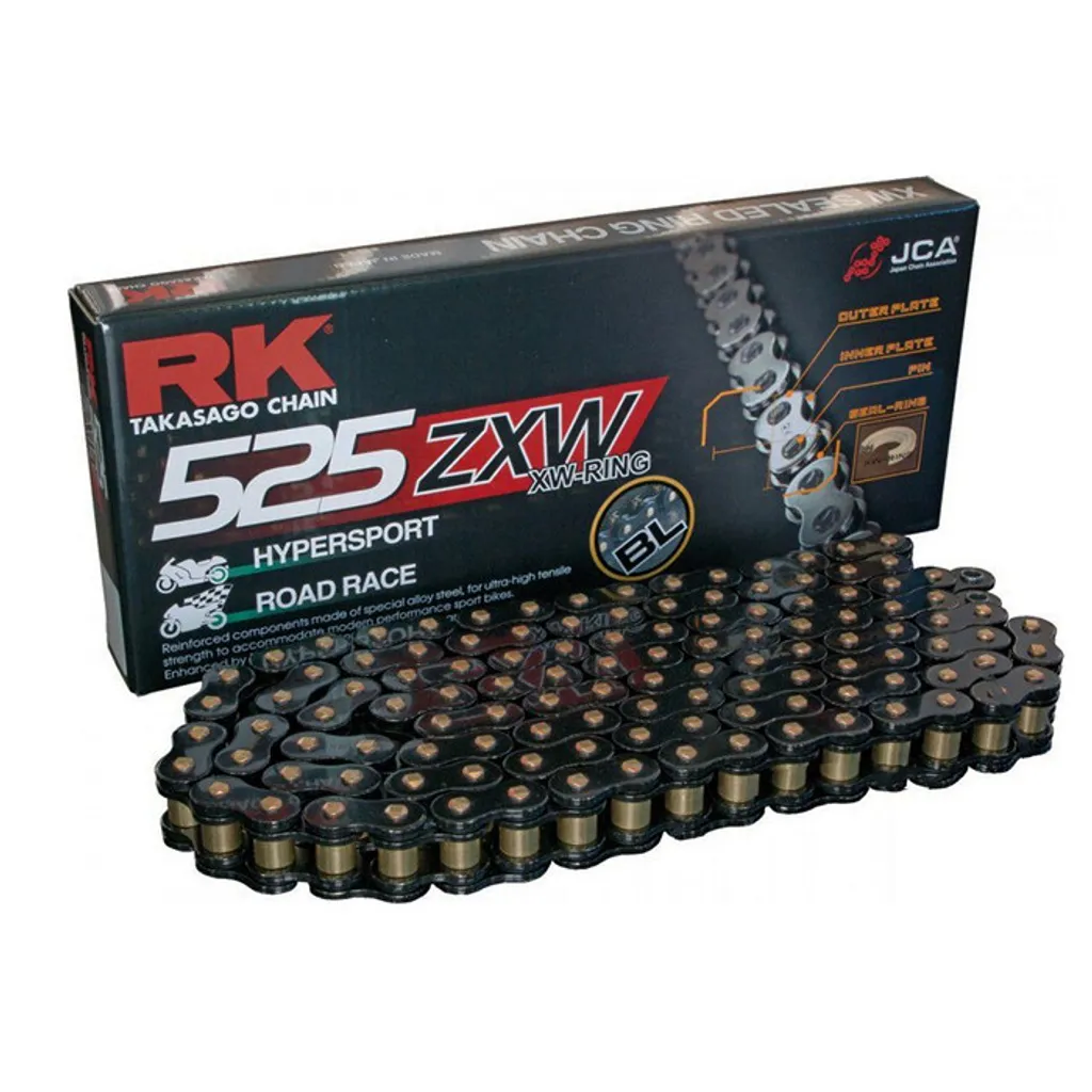 Chaîne RK 525ZXWSW 118 maillons noire renforcée pour moto de course
