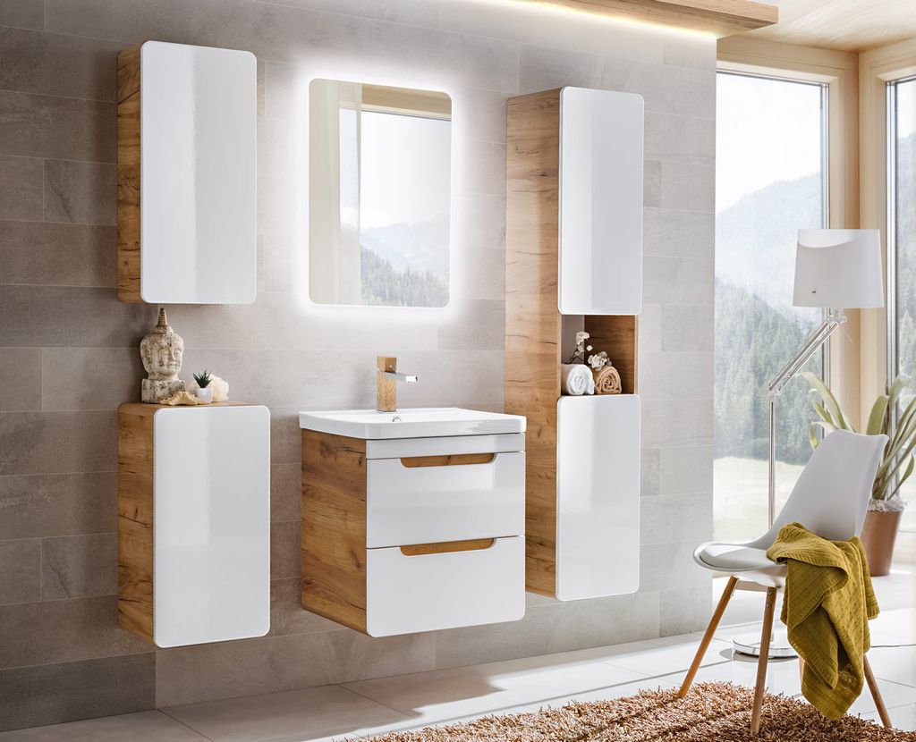 Badezimmerschrank mit Wäschekorb "Panay"  Weiß - Goldene Produktbild 7