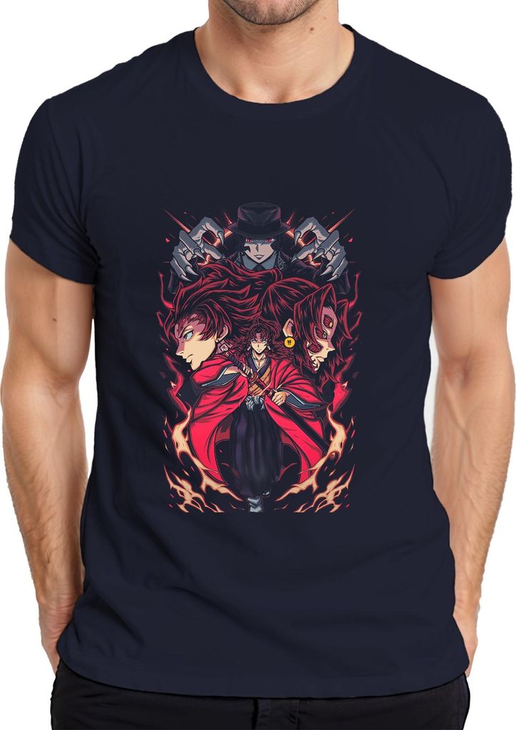 Samurai Katana Dämonenjäger Feuer Maske Anime Manga düster Herren T-Shirt, Navy, 3XL