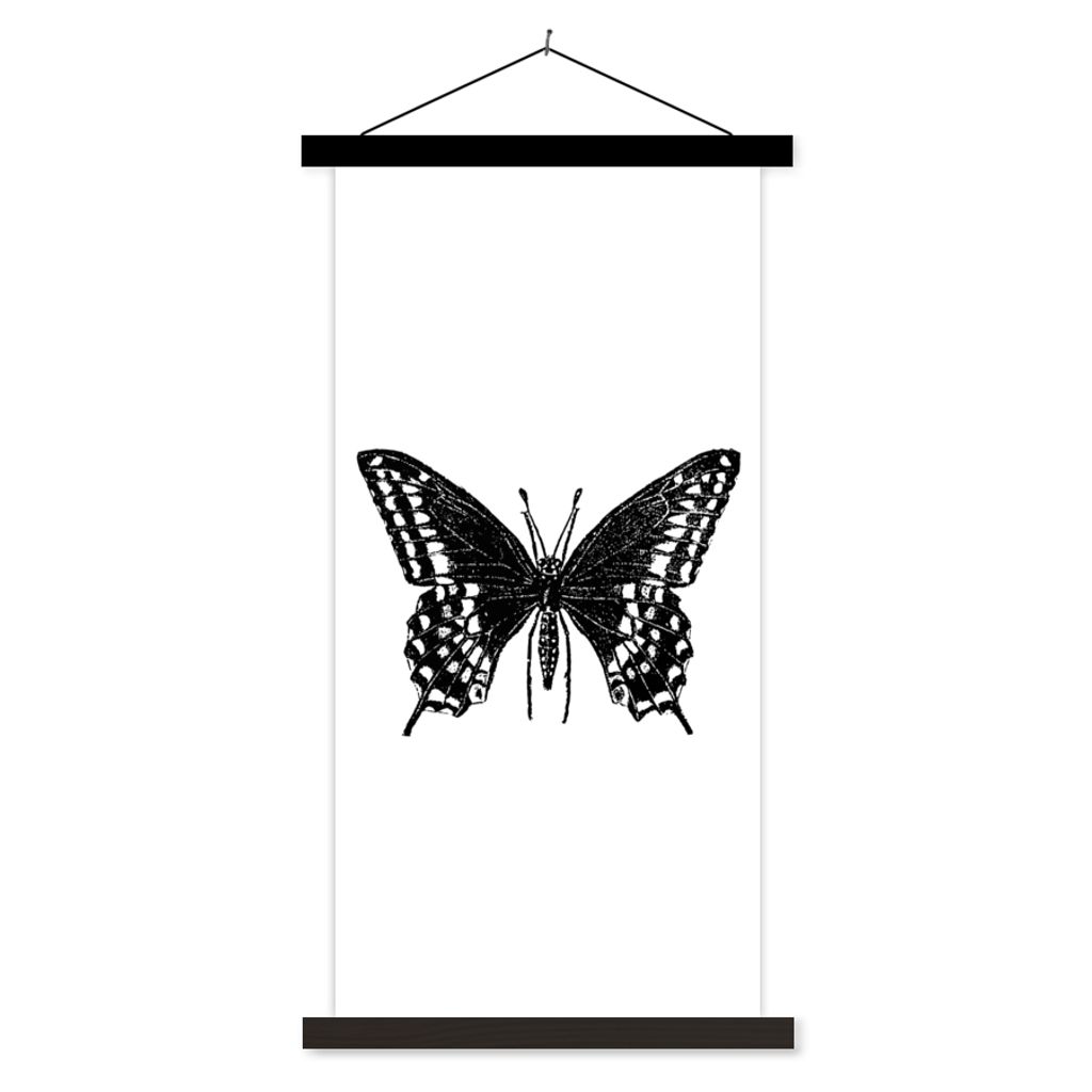 MuchoWow Textilposter Schmetterling - Tiere - Retro - Schwarz und weiß 40x80 cm mit schwarzem Rahmen - Wandemalerei