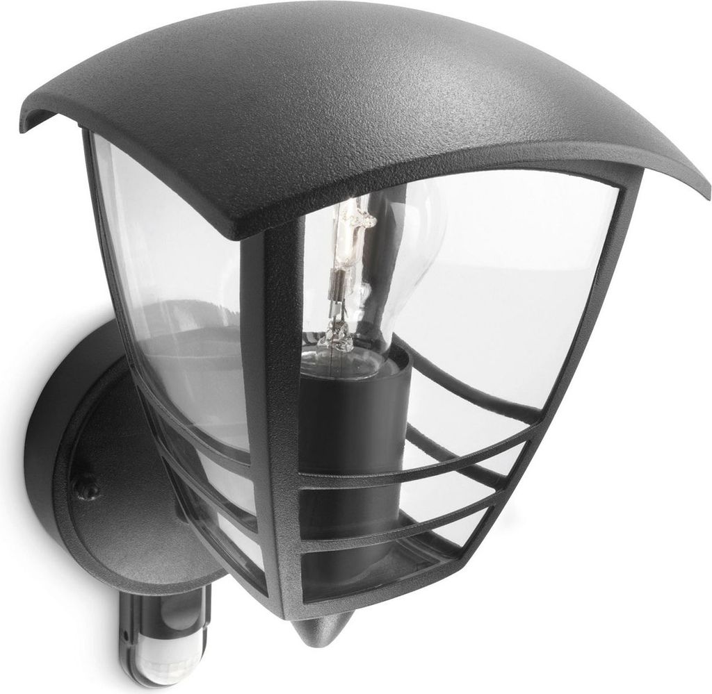 A black outdoor wall light with a motion sensor, shown against a white background.